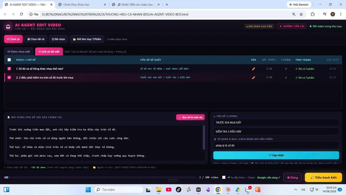 Ảnh chụp màn hình công cụ AI Agent Edit Video bất động sản: danh sách video, tiêu đề đề xuất, phụ đề, 100 video trong thư mục